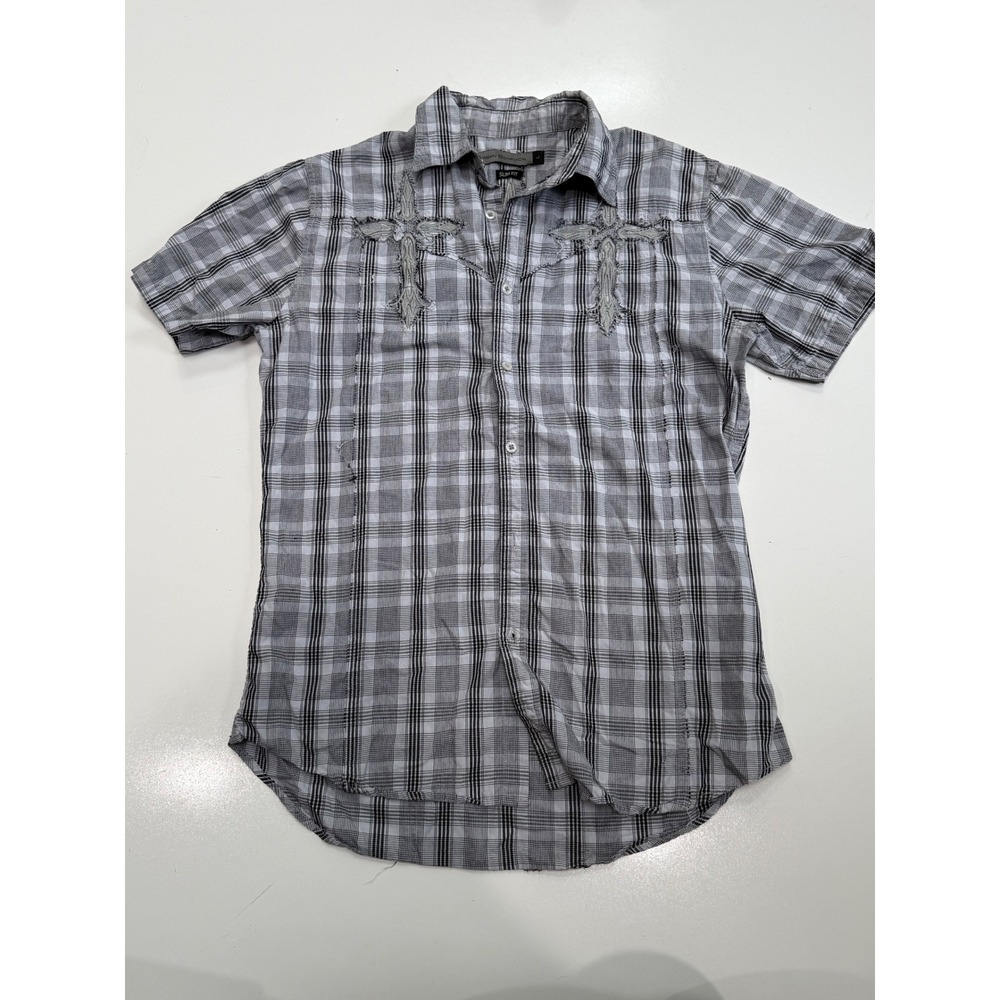 Urban Behavior Mens Large Slim Fit Plaid Short Sleeve Cross Graphic Shirt Grey